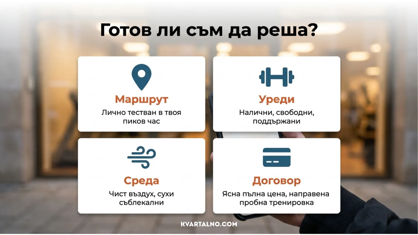 Инфографика с четири проверки преди избор на фитнес: маршрут, уреди, среда и договор