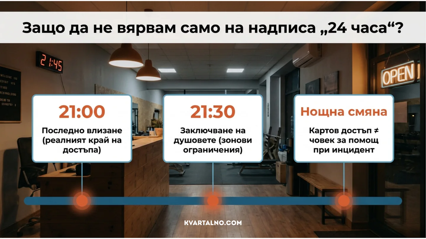 Инфографика за разликата между денонощен достъп, последно влизане, работно време на душовете и наличие на нощен служител