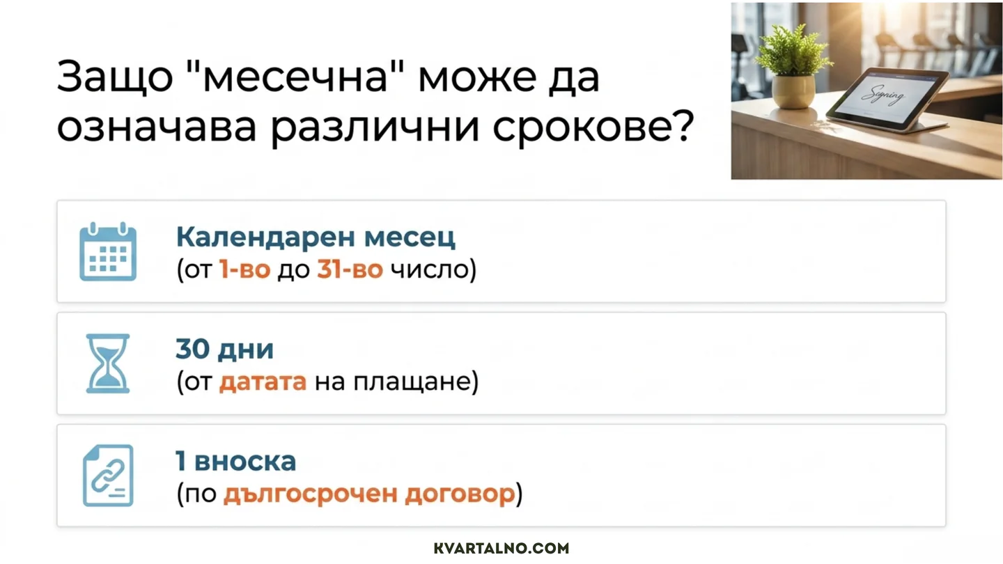 Инфографика за различните значения на месечна фитнес карта: календарен месец, 30 дни или вноска по дългосрочен договор