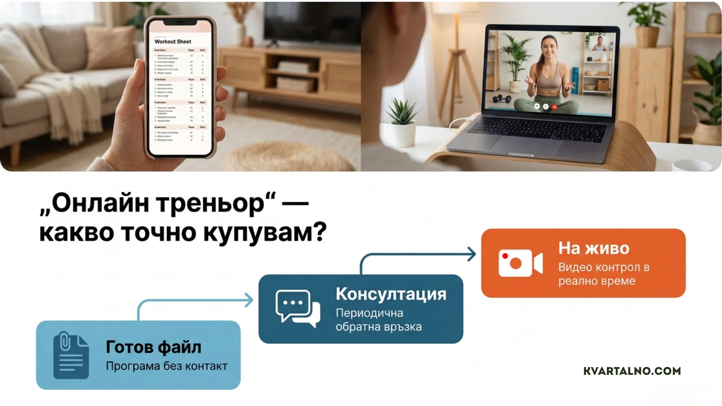 Сравнение на онлайн треньорски услуги: готова програма, периодична консултация и тренировка на живо