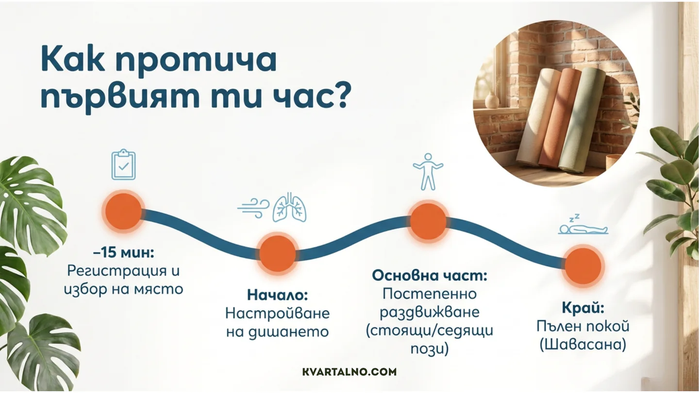 Последователност на първия йога клас: ранно пристигане, дишане, раздвижване и финален покой