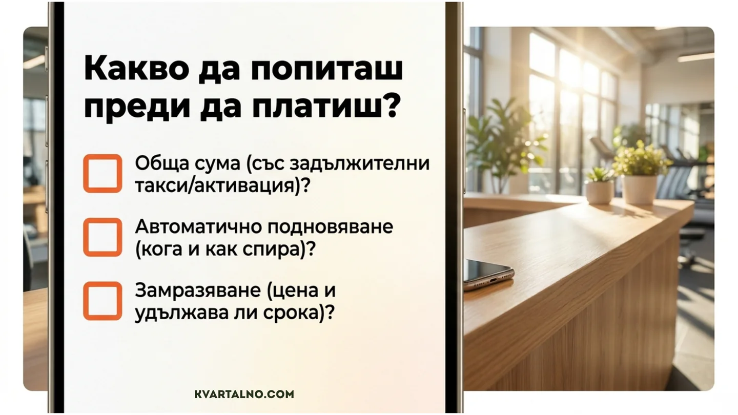 Инфографика с основни въпроси преди покупка на фитнес карта: обща цена, автоматично подновяване и замразяване