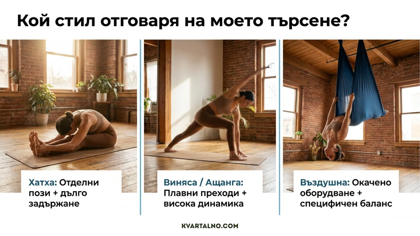 Сравнение между хатха, виняса и въздушна йога според темпото и начина на практикуване
